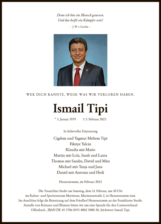 Todesanzeige von Ismail Tipi von OF