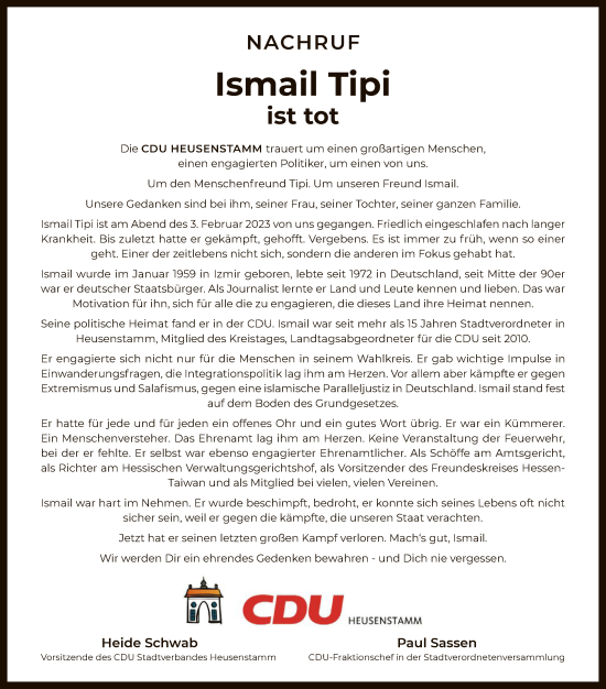 Todesanzeige von Ismail Tipi von OF