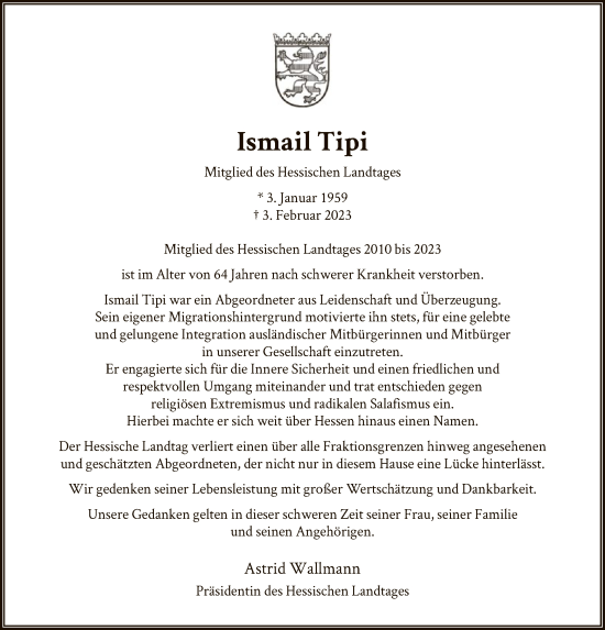 Todesanzeige von Ismail Tipi von OF