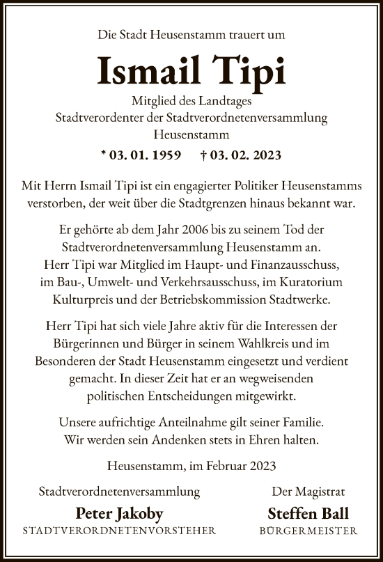 Todesanzeige von Ismail Tipi von OF