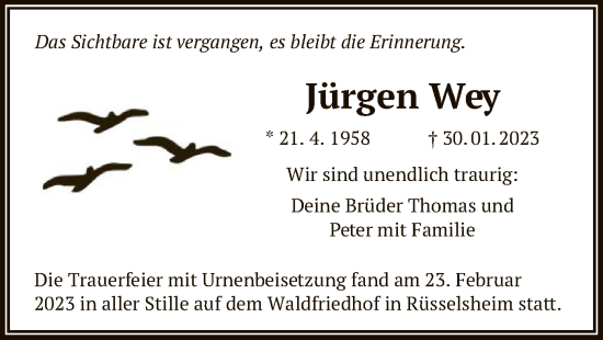 Todesanzeige von Jürgen Wey von OF