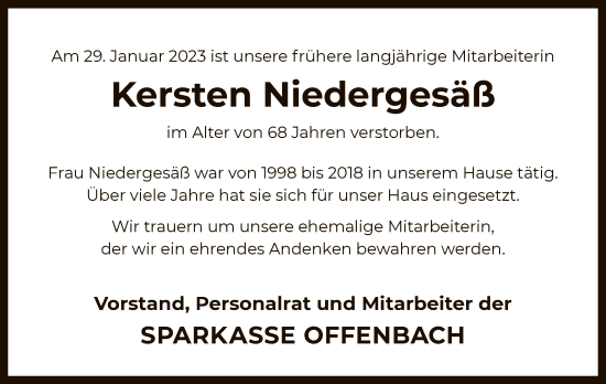 Todesanzeige von Kersten Niedergesäß von OF