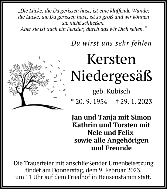 Todesanzeige von Kersten Niedergesäß von OF