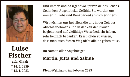 Todesanzeige von Luise Fischer von OF