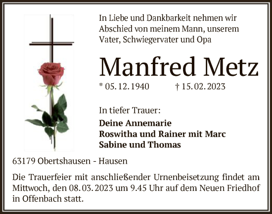 Todesanzeige von Manfred Metz von OF
