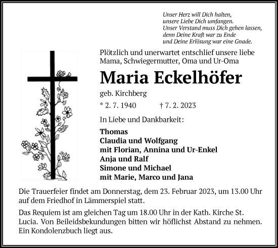 Todesanzeige von Maria Eckelhöfer von OF