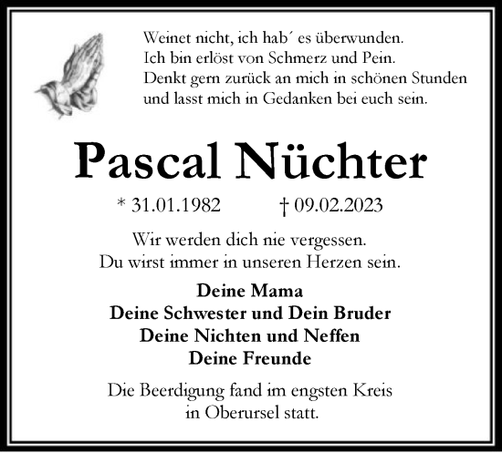 Todesanzeige von Pascal Nüchter von OF