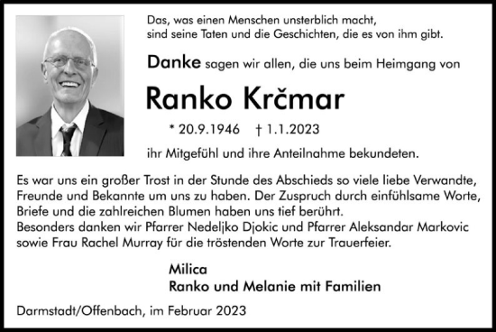 Todesanzeige von Ranko Krcmar von OF