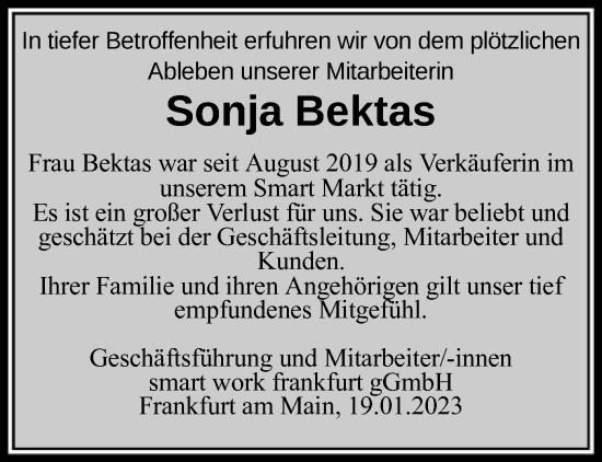 Todesanzeige von Sonja Bektas von OF