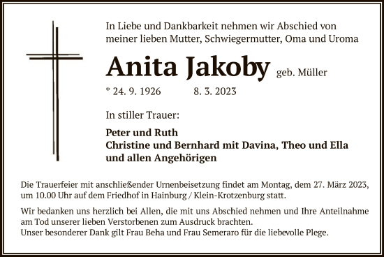 Todesanzeige von Anita Jakoby von OF