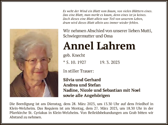 Todesanzeige von Annel Lahrem von OF