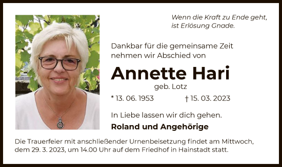 Todesanzeige von Annette Hari von OF