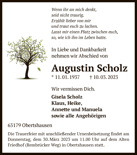 Todesanzeige von Augustin Scholz von OF