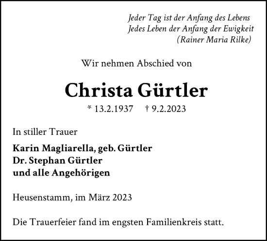 Todesanzeige von Christa Gürtler von OF