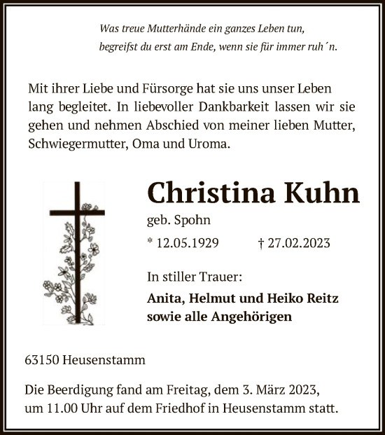 Todesanzeige von Christina Kuhn von OF