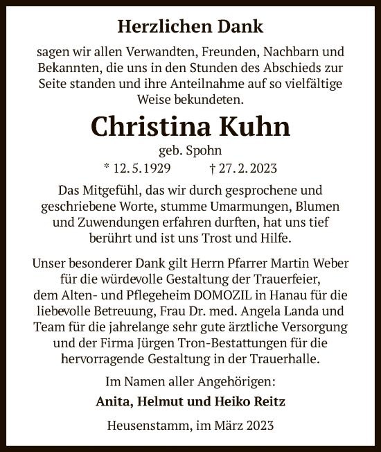 Todesanzeige von Christina Kuhn von OF