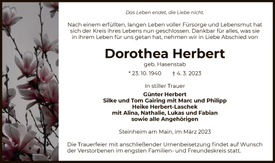 Todesanzeige von Dorothea Herbert von OF