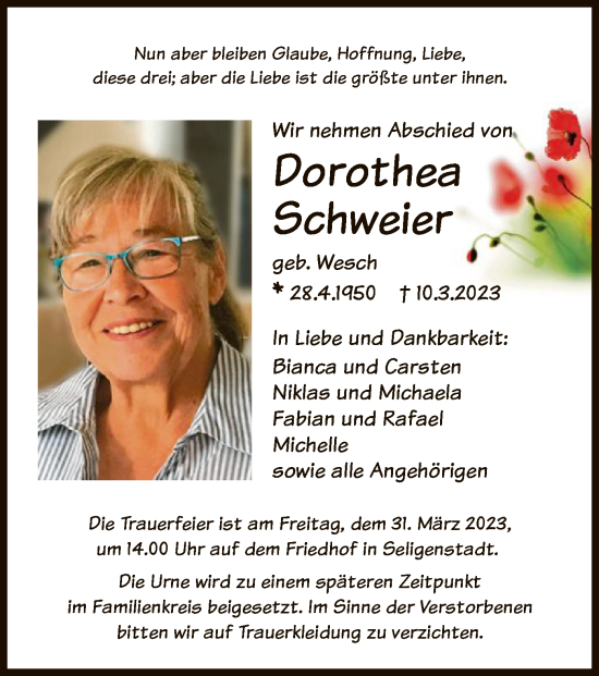 Todesanzeige von Dorothea Schweier von OF