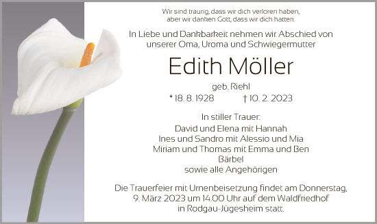 Todesanzeige von Edith Möller von OF