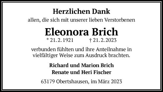 Todesanzeige von Eleonora Brich von OF