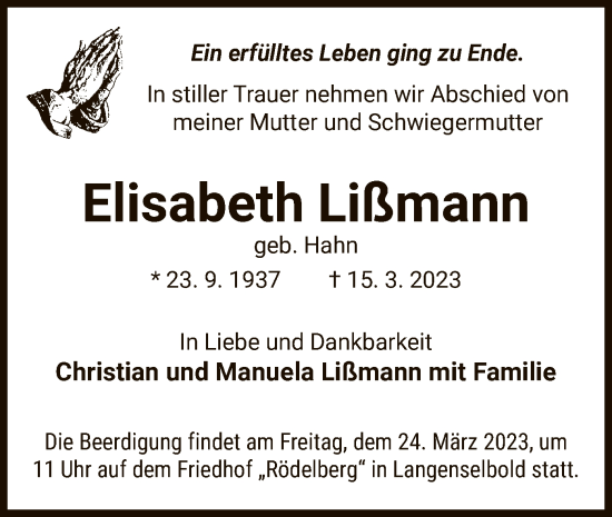 Todesanzeige von Elisabeth Lißmann von OF