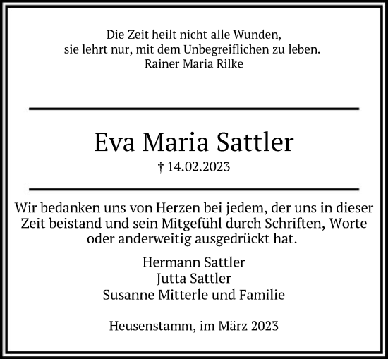 Todesanzeige von Eva Maria Sattler von OF