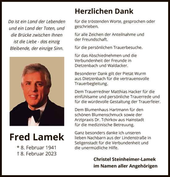 Todesanzeige von Fred Lamek von OF