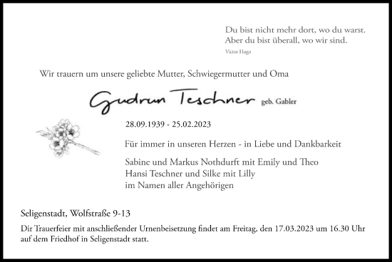 Todesanzeige von Gudrun Teschner von OF