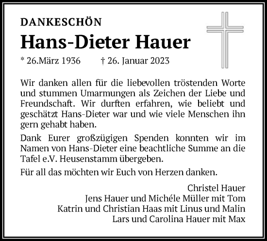 Todesanzeige von Hans-Dieter Hauer von OF