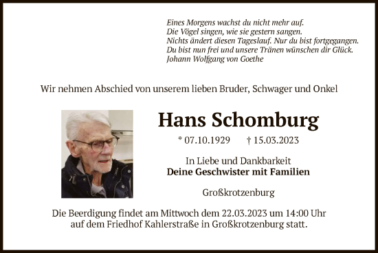 Todesanzeige von Hans Schomburg von OF