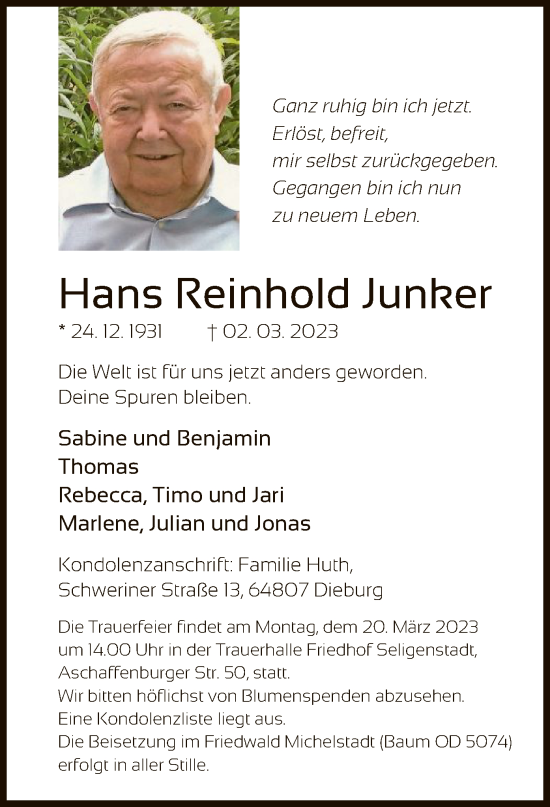 Todesanzeige von Hans Reinhold Junker von OF