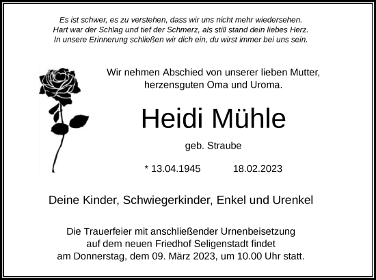 Todesanzeige von Heidi Mühle von OF