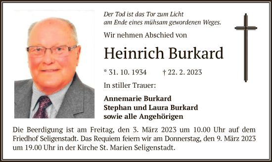 Todesanzeige von Heinrich Burkard von OF