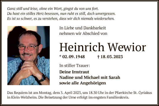 Todesanzeige von Heinrich Wewior von OF