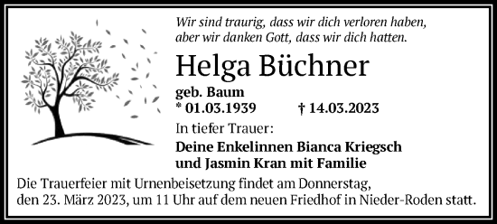 Todesanzeige von Helga Buchner von OF