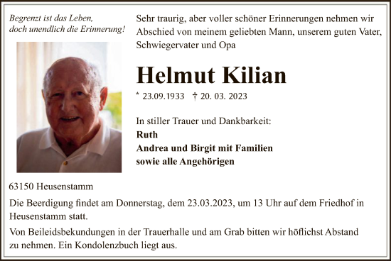 Todesanzeige von Helmut Kilian von OF