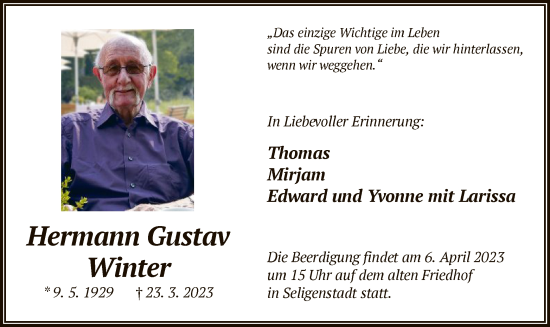 Todesanzeige von Hermann Gustav Winter von OF