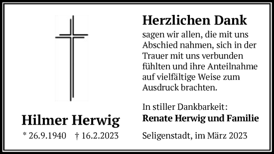 Todesanzeige von Hilmer Herwig von OF