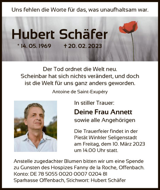 Todesanzeige von Hubert Schäfer von OF