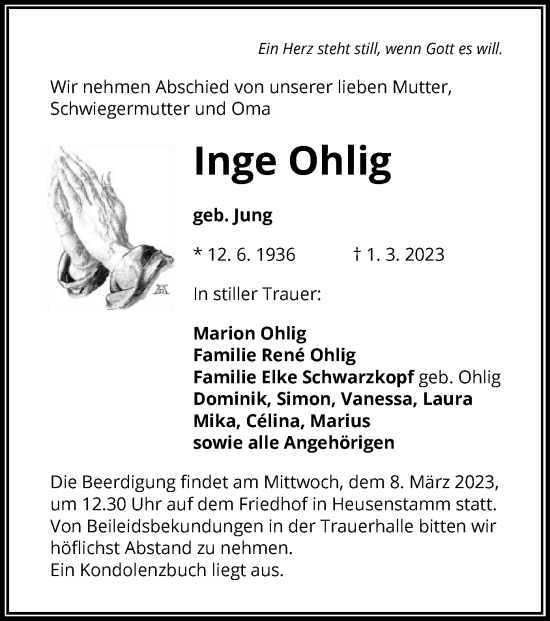 Todesanzeige von Inge Ohlig von OF