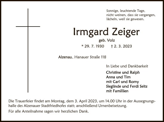 Todesanzeige von Irmgard Zeiger von OF
