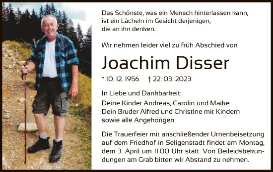 Todesanzeige von Joachim Disser von OF