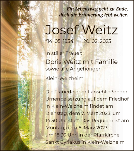 Todesanzeige von Josef Weitz von OF