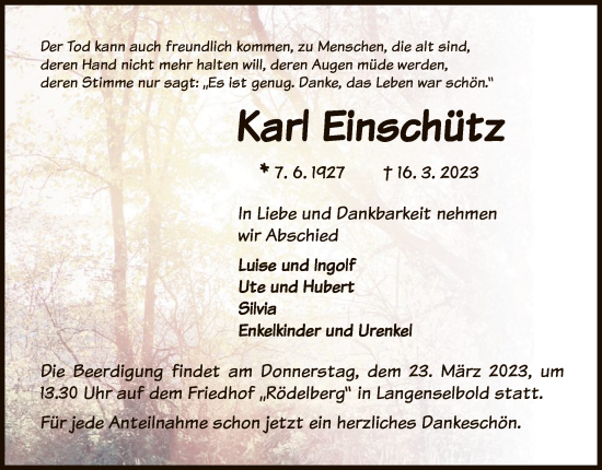 Todesanzeige von Karl Einschütz von OF