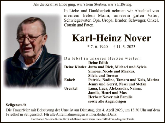 Todesanzeige von Karl-Heinz Nover von OF