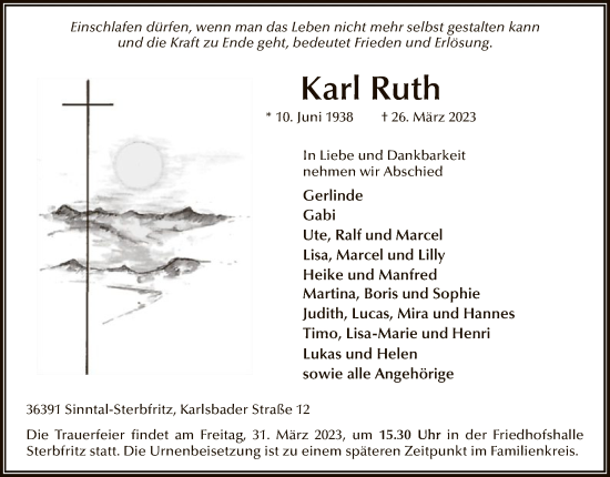 Todesanzeige von Karl Ruth von OF