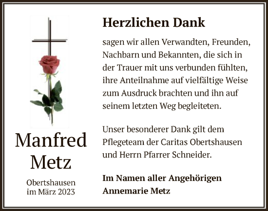 Todesanzeige von Manfred Metz von OF