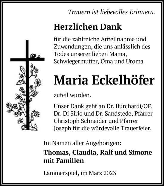 Todesanzeige von Maria Eckelhöfer von OF