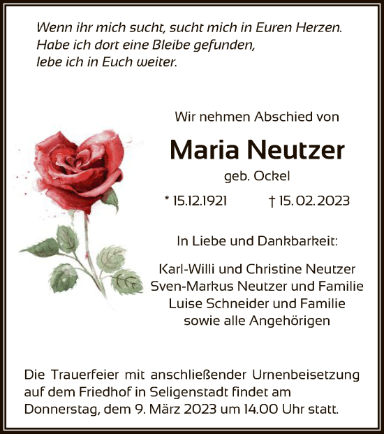 Todesanzeige von Maria Neutzer von OF