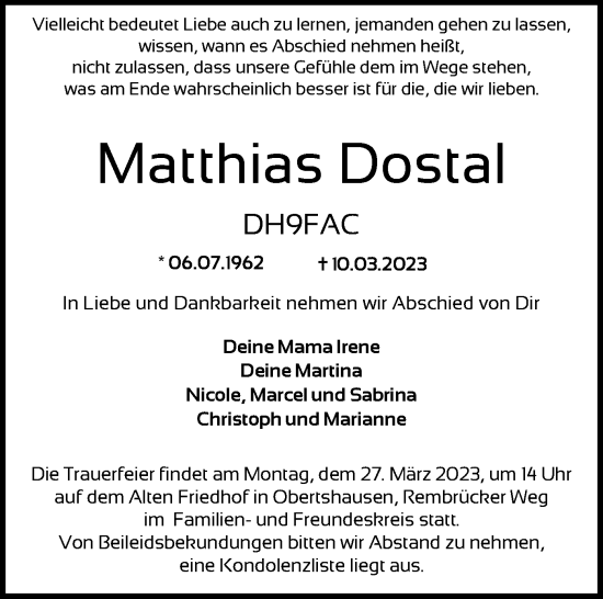 Todesanzeige von Matthias Dostal von OF